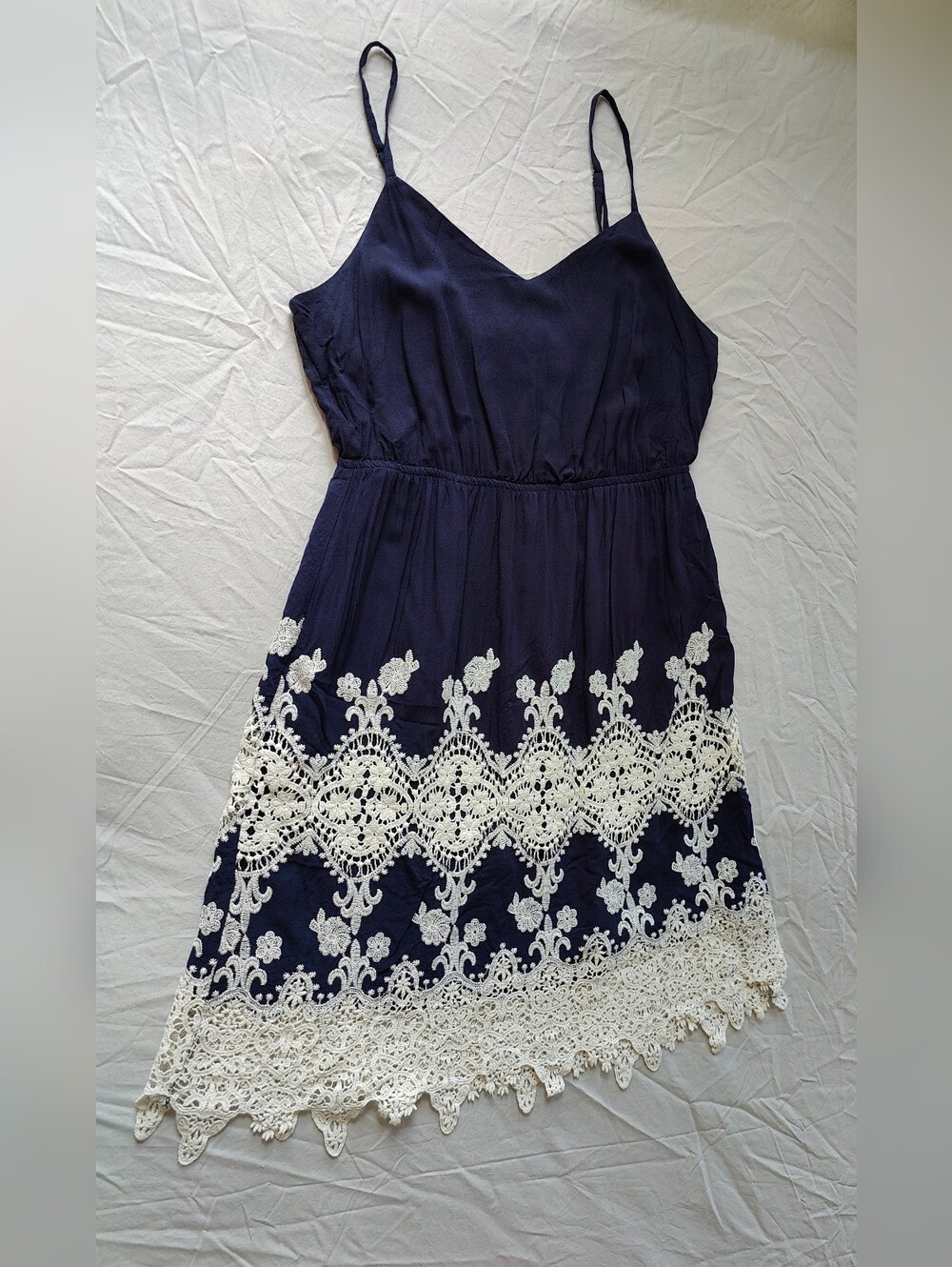 Vintage Y2K A. Calin Navy Blue Boho Embroidered Lace Trim Cami Sundress Size S - Picture 2 of 10